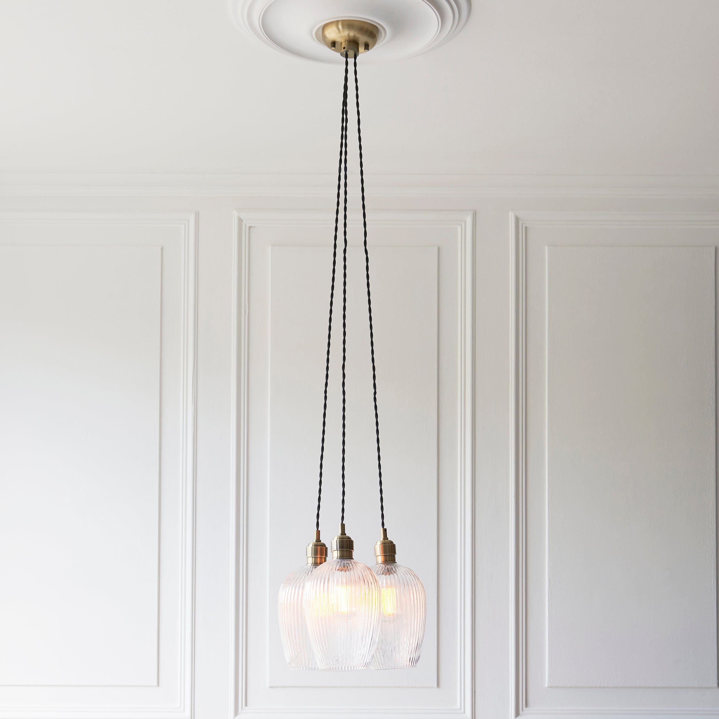 Amos Lucid Antique Brass & Clear Ribbed Glass 3 Light Cluster
