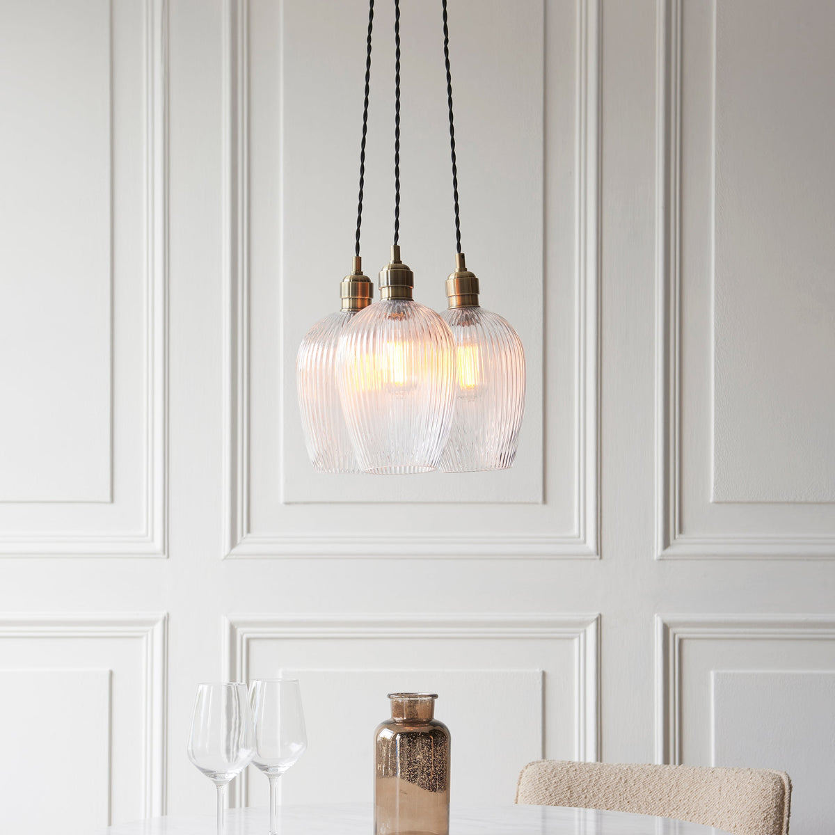 Amos Lucid Antique Brass & Clear Ribbed Glass 3 Light Cluster