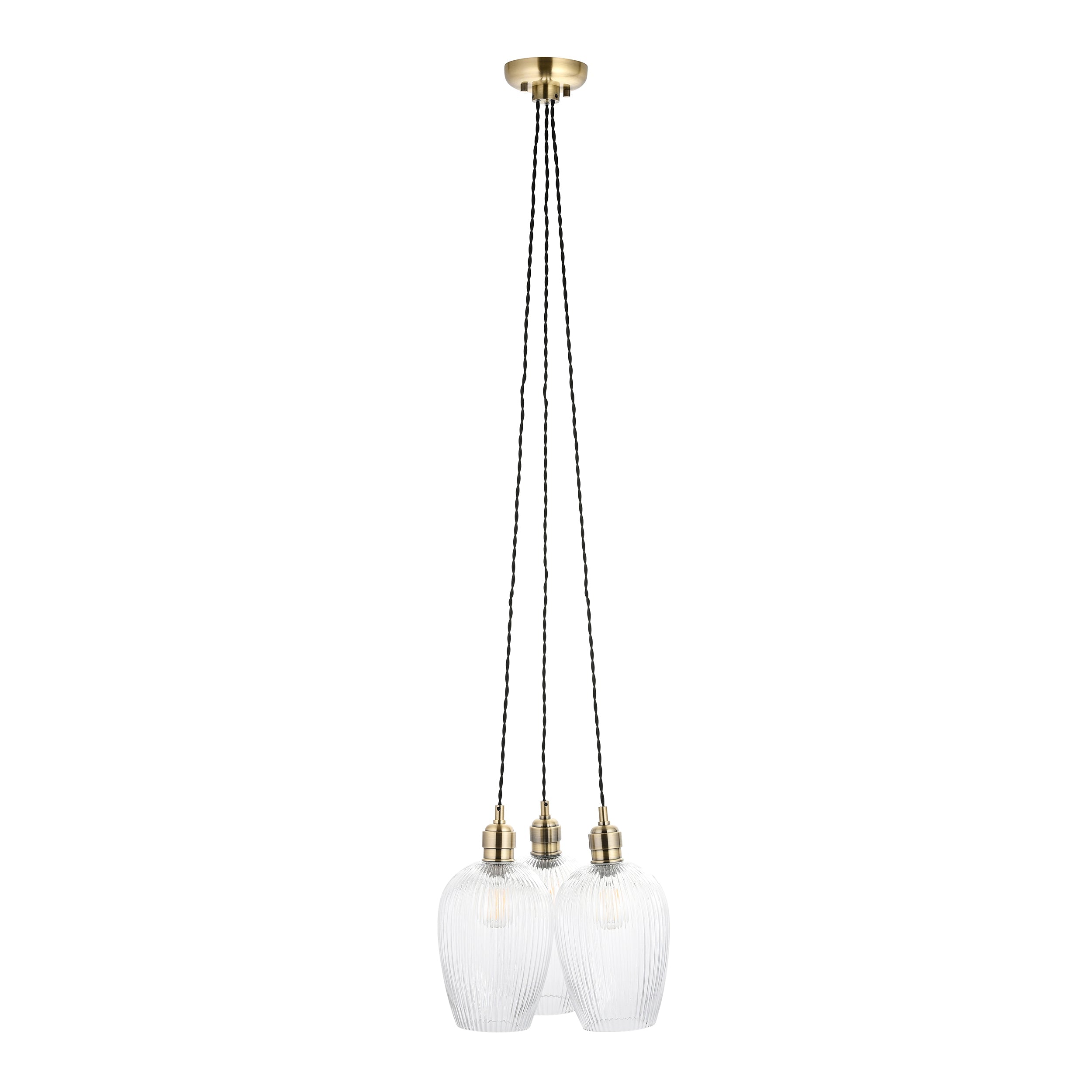 Amos Lucid Antique Brass & Clear Ribbed Glass 3 Light Cluster