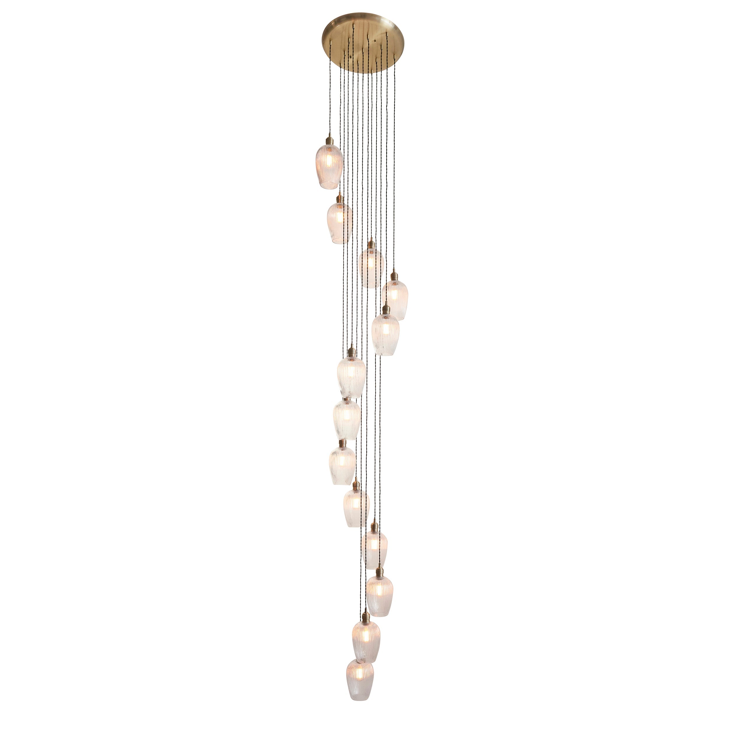 Amos Lucid Antique Brass & Clear Ribbed Glass 13 Light Cascade