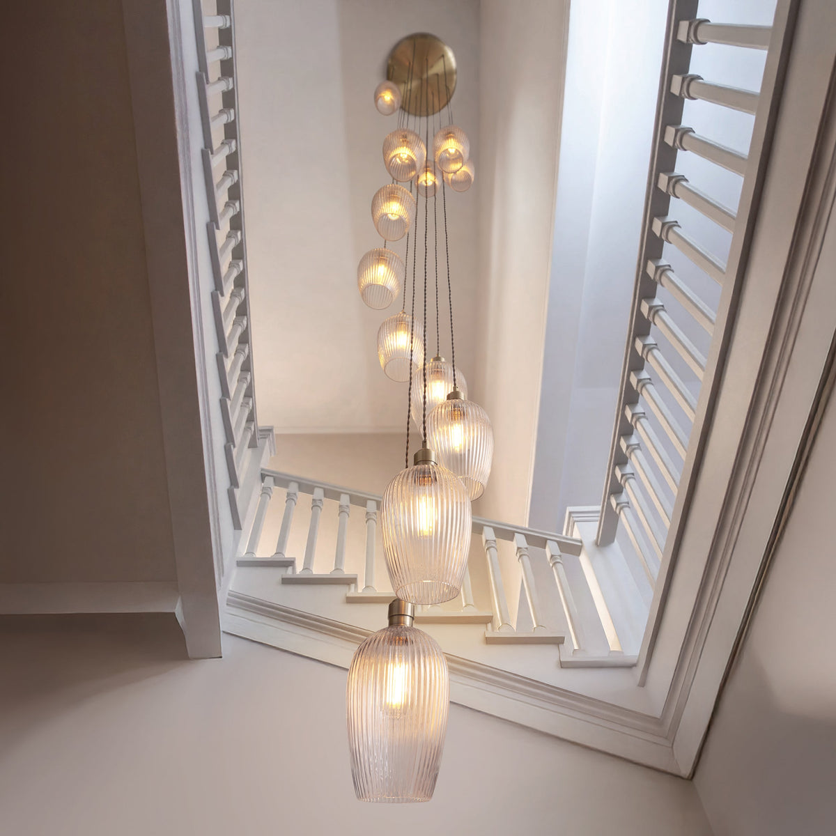 Amos Lucid Antique Brass & Clear Ribbed Glass 13 Light Cascade