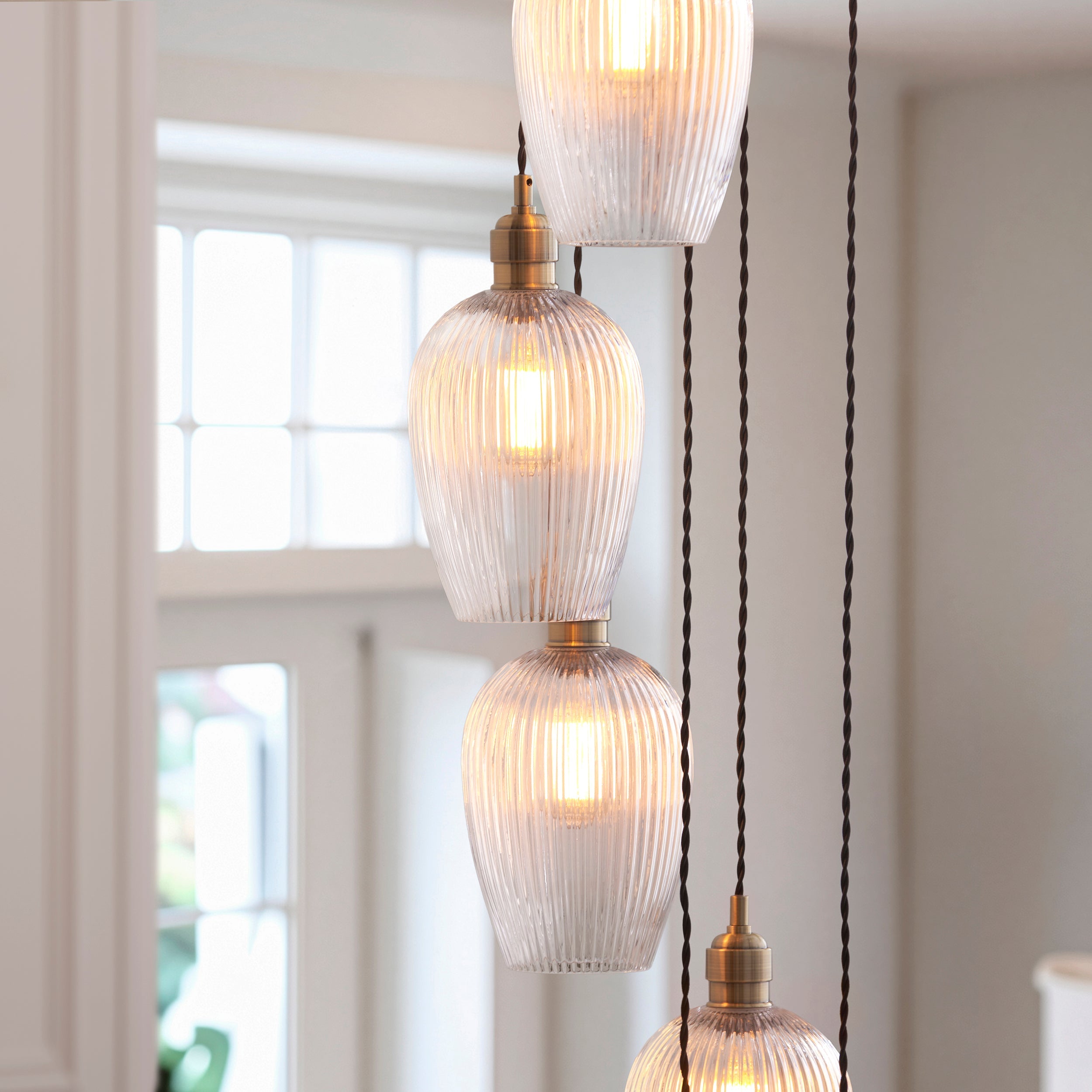 Amos Lucid Antique Brass & Clear Ribbed Glass 13 Light Cascade