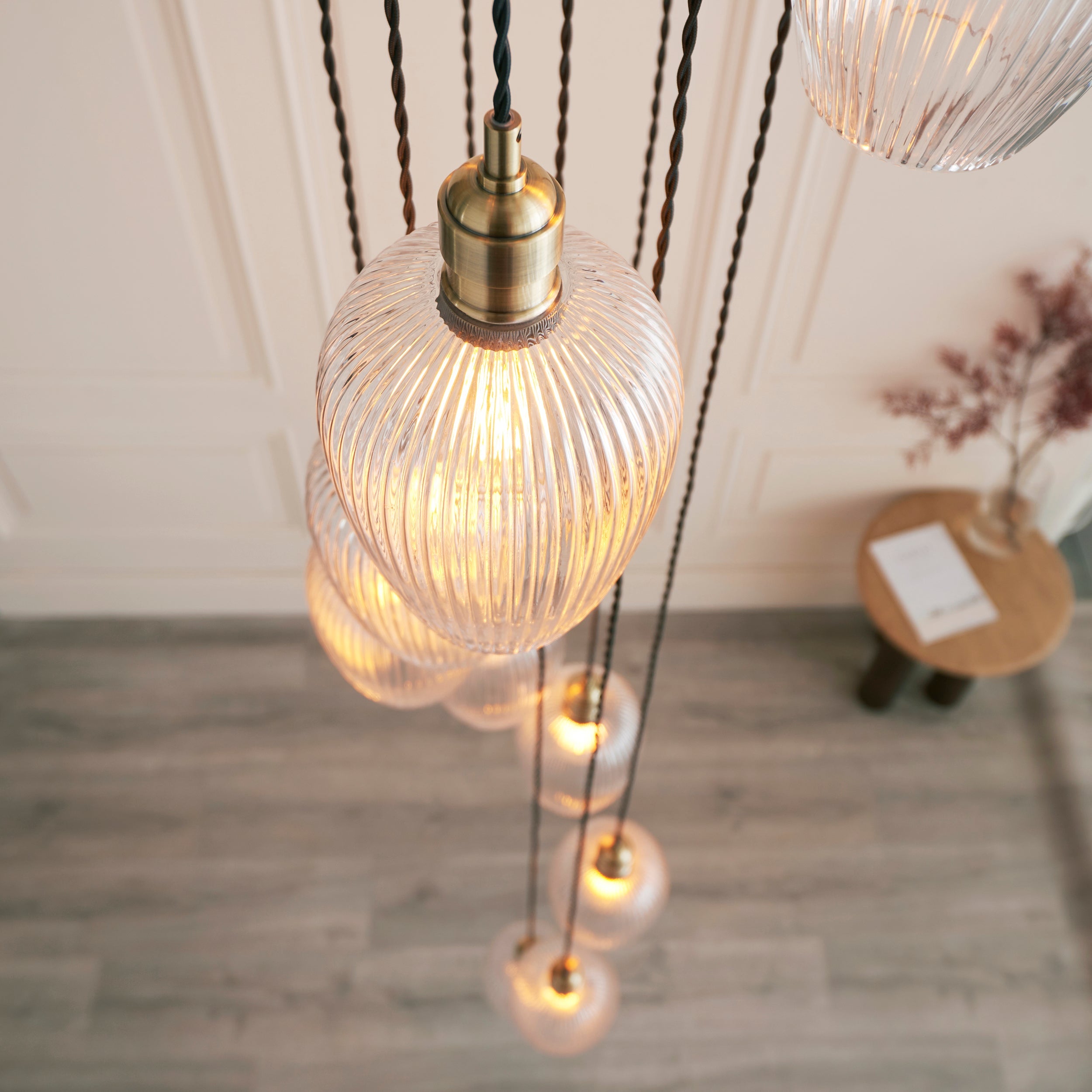 Amos Lucid Antique Brass & Clear Ribbed Glass 13 Light Cascade