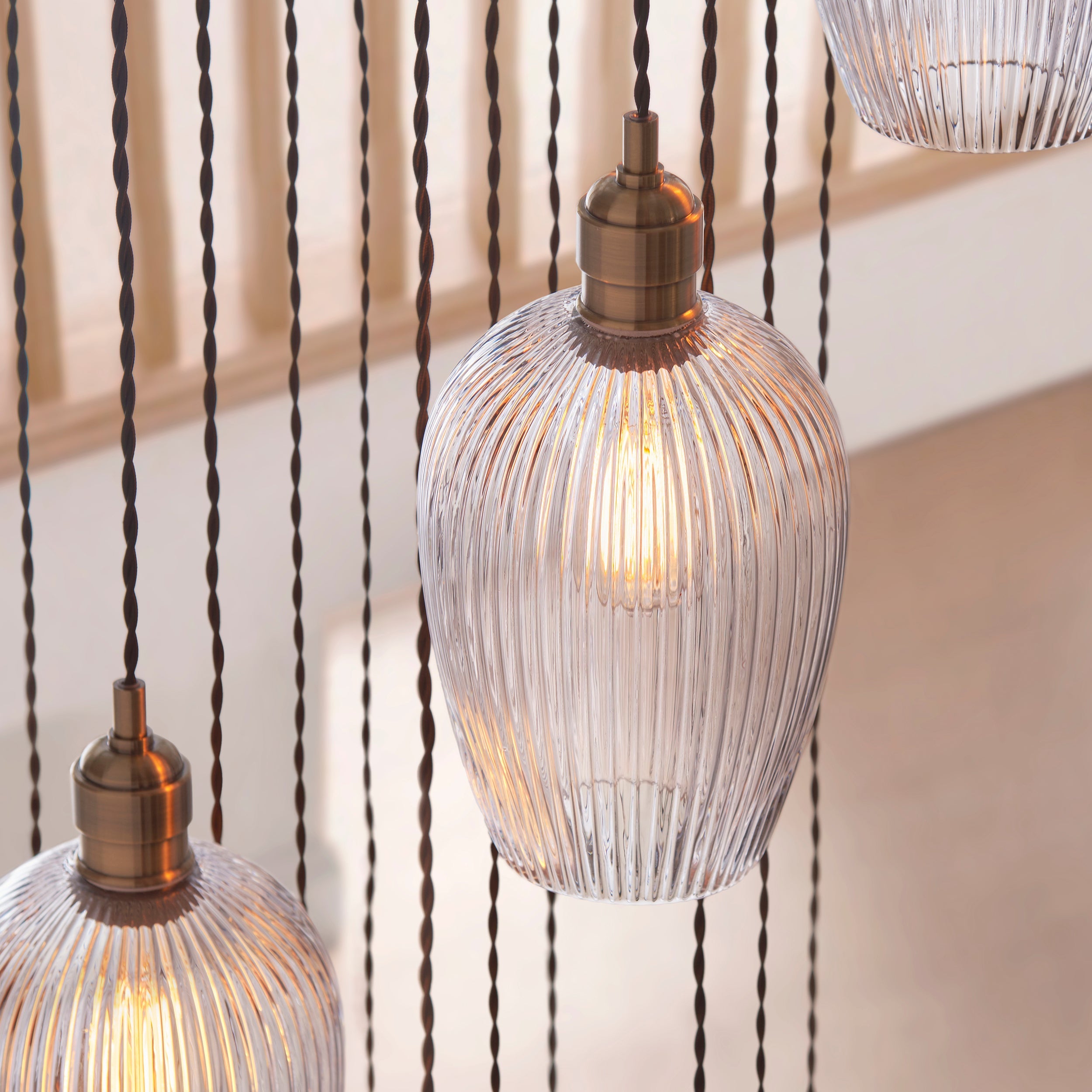 Amos Lucid Antique Brass & Clear Ribbed Glass 13 Light Cascade