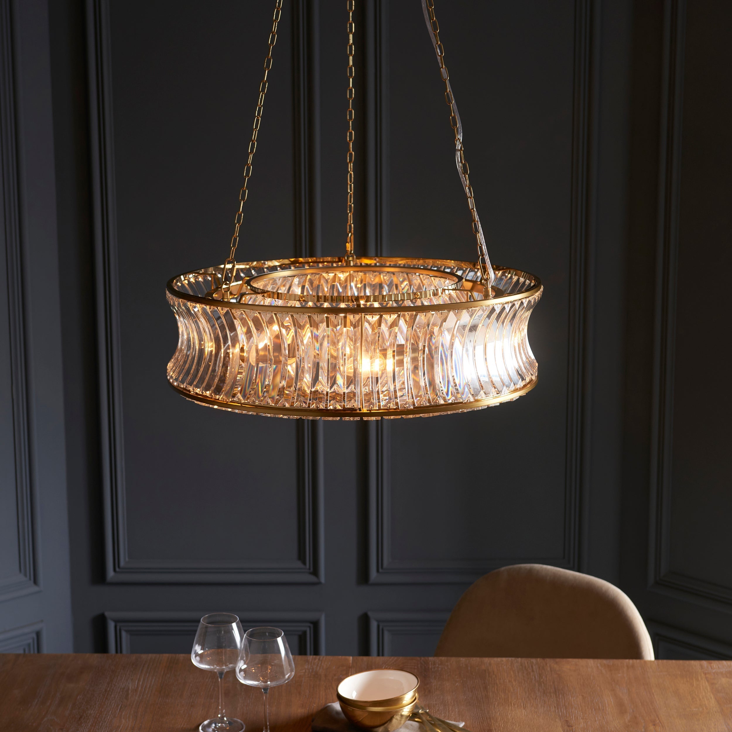 Amos Concave 6 Light Crystal Chandelier Warm Brass