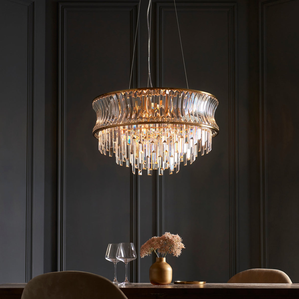 Amos Concave 9 Light Crystal Chandelier Warm Brass