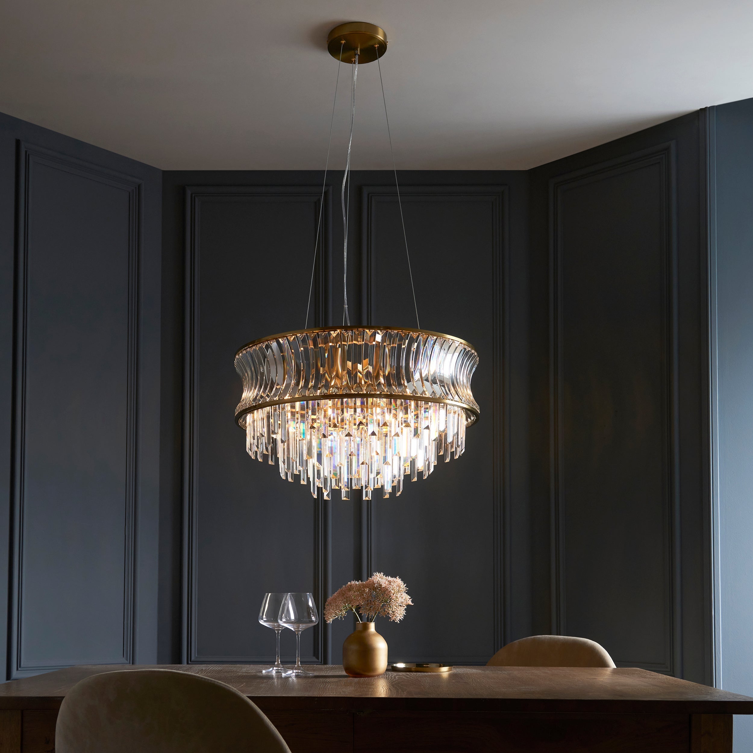 Amos Concave 9 Light Crystal Chandelier Warm Brass