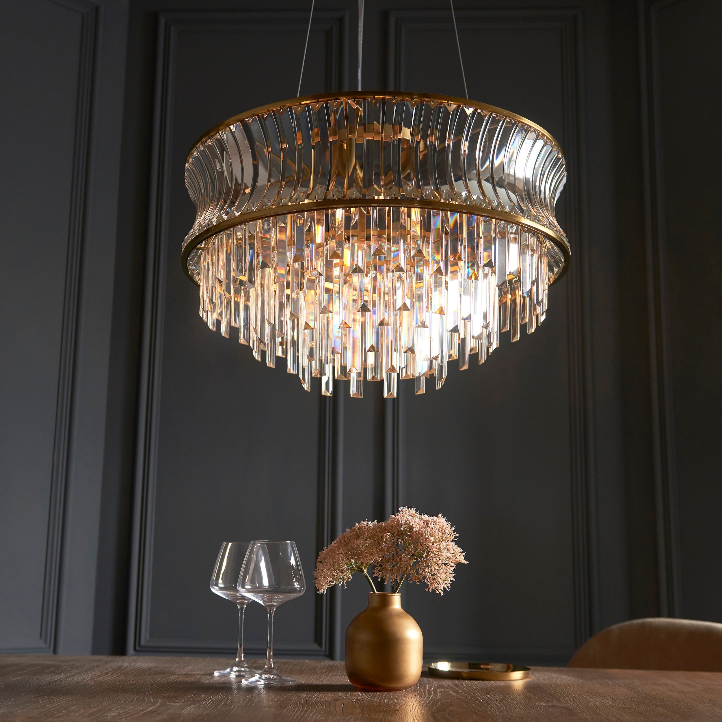 Amos Concave 9 Light Crystal Chandelier Warm Brass