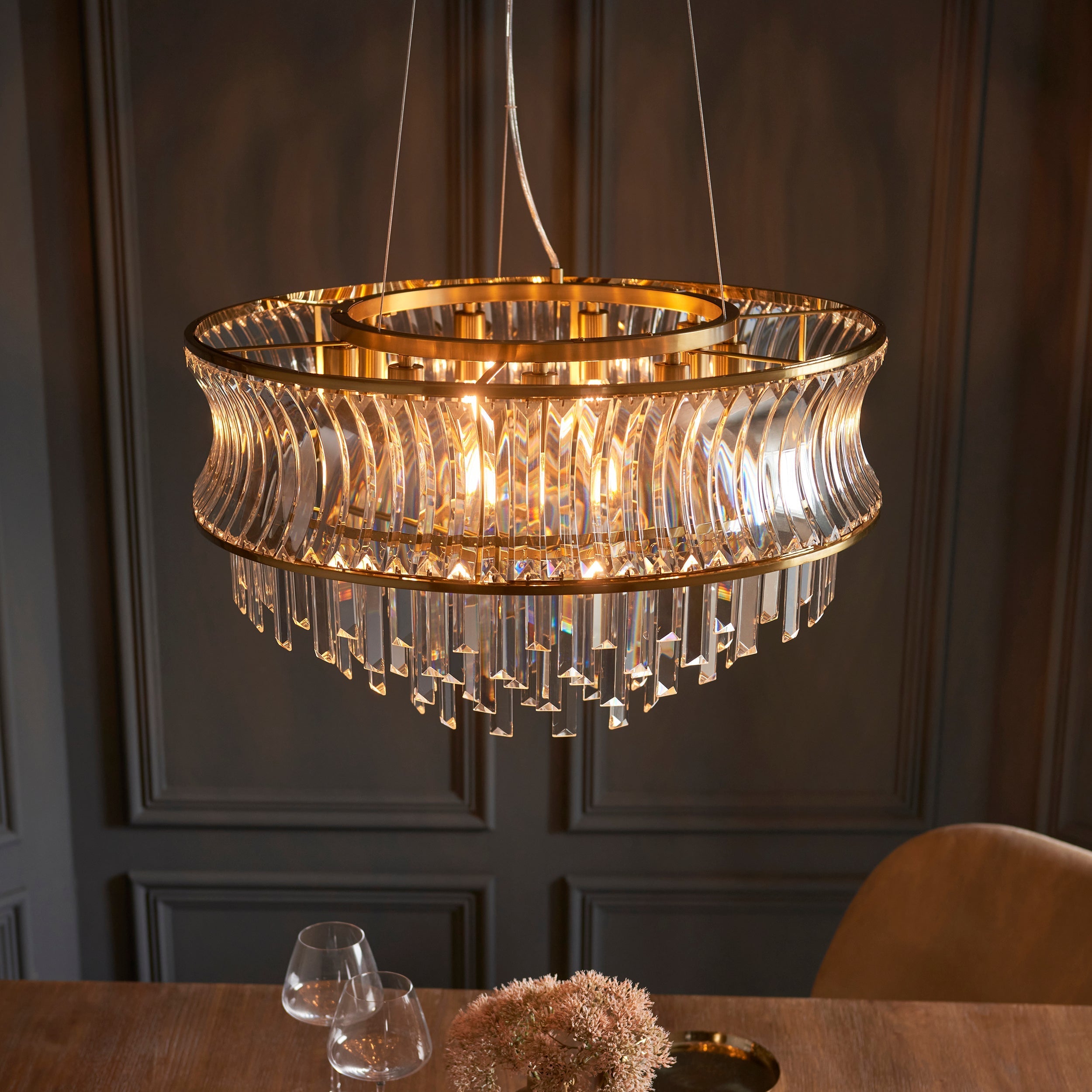 Amos Concave 9 Light Crystal Chandelier Warm Brass