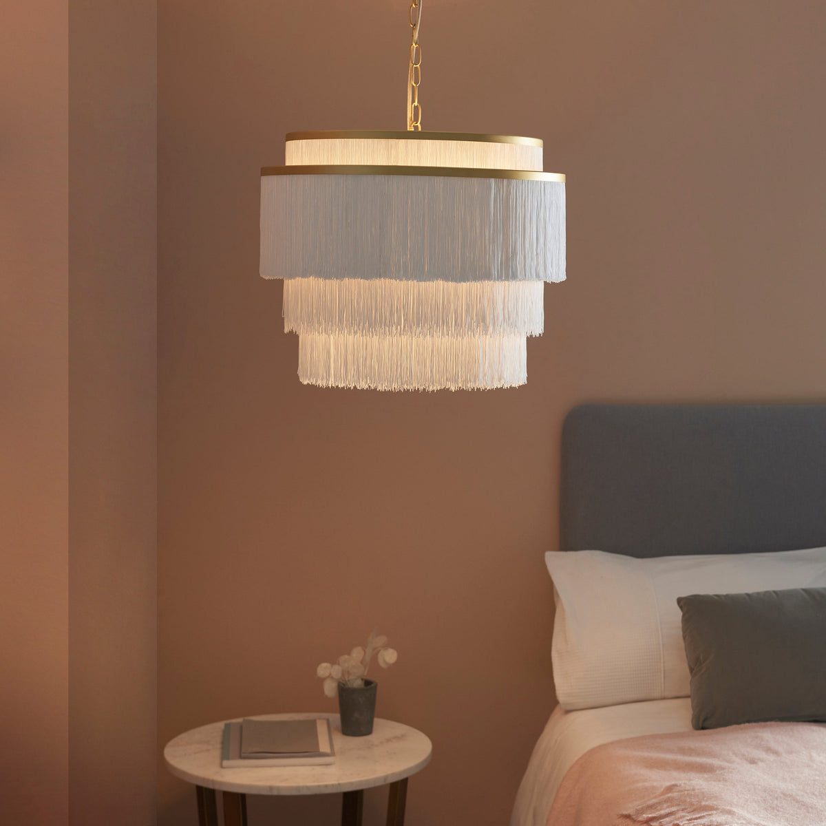 Amos Ruffle Chandelier Large Matt Gold with White Tassels