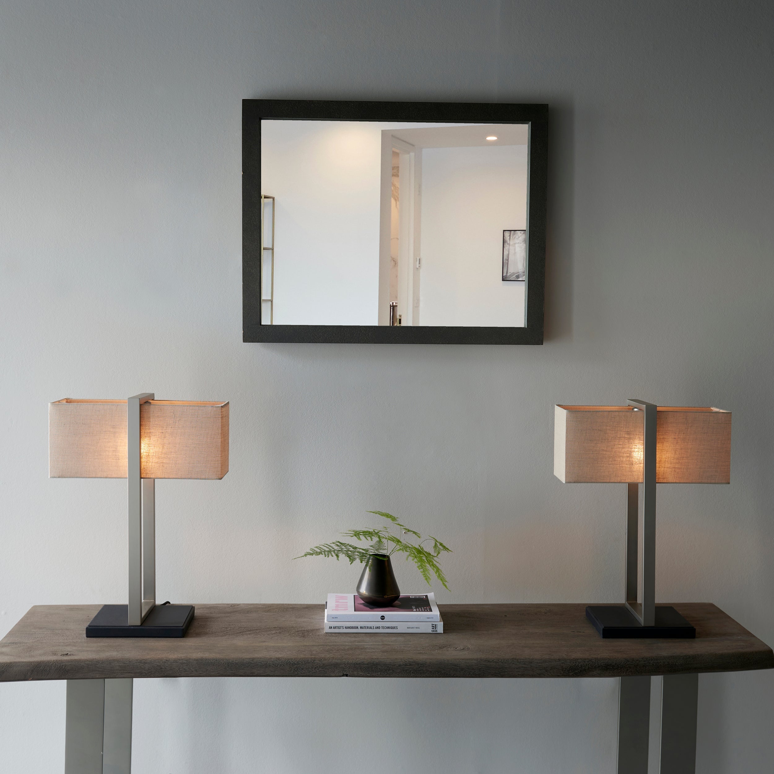 Amos Station Table Lamp Satin Nickel with Shade