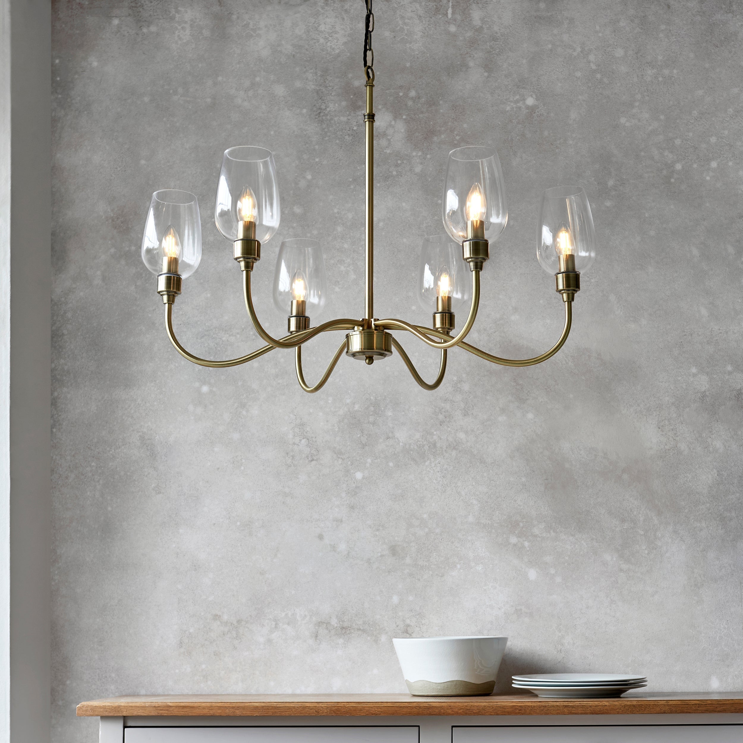 Amos Turret 6 Arm Chandelier Antique Brass