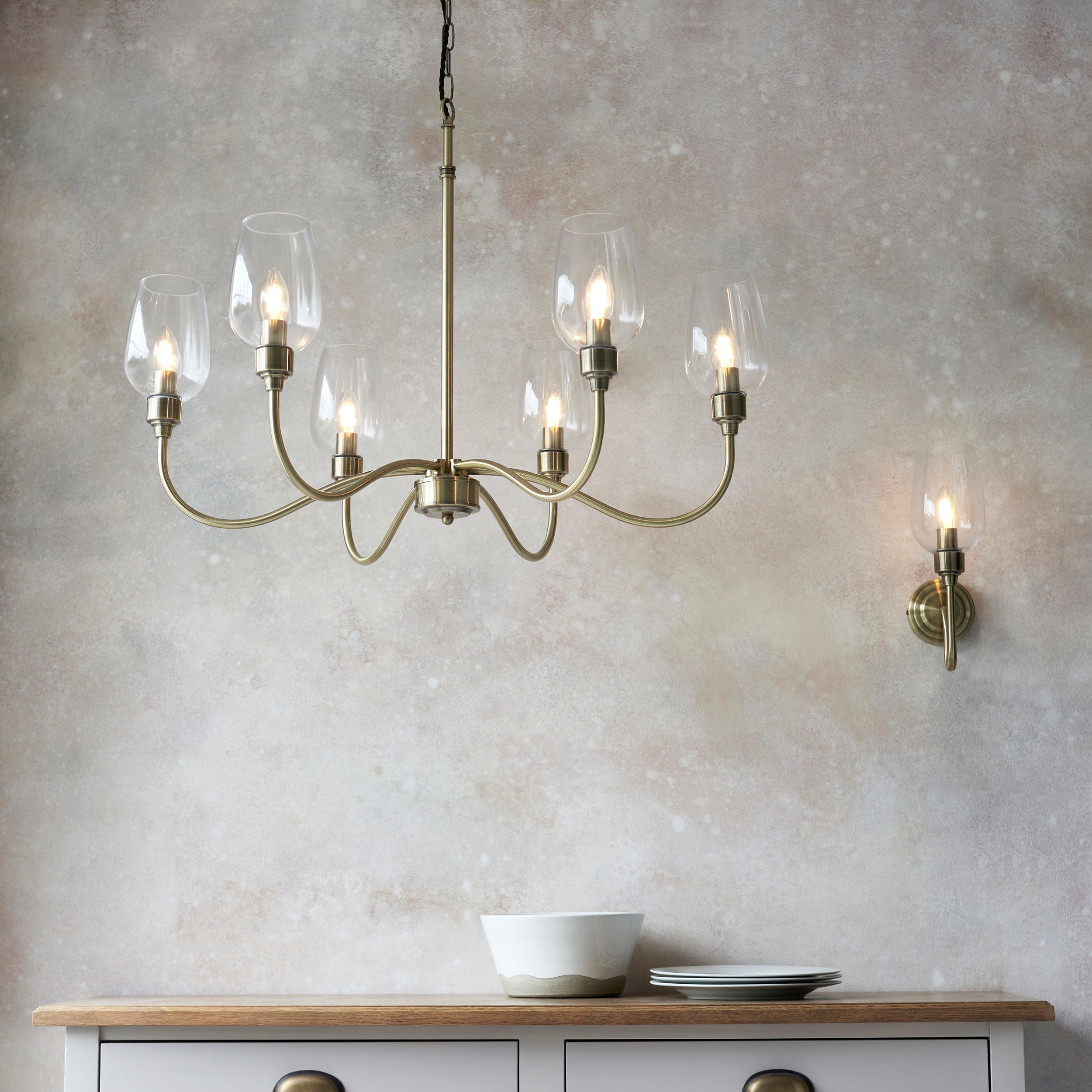 Amos Turret 6 Arm Chandelier Antique Brass